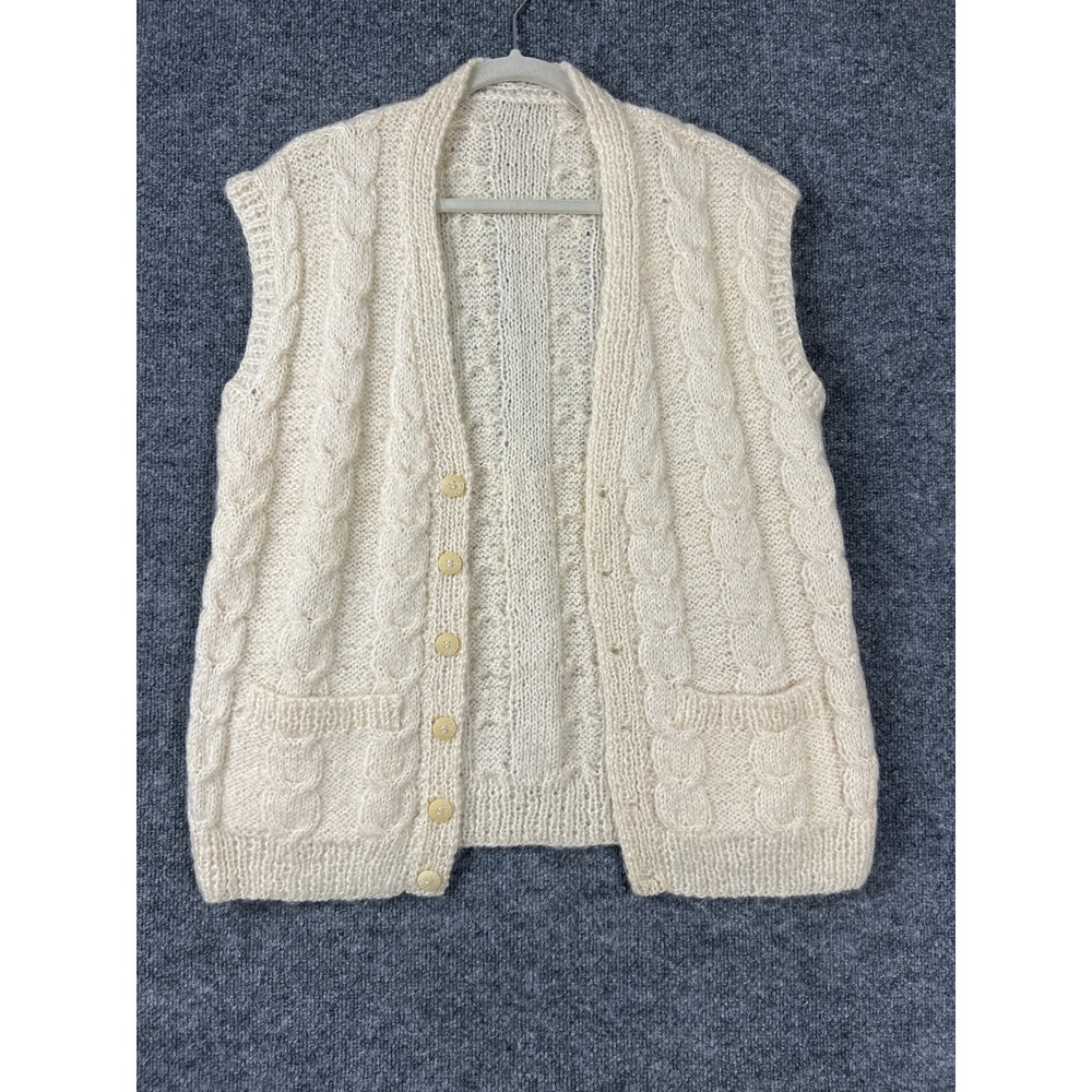 Vintage Hand Knit Vest Cable Stitch Cardigan Cream Off-White Mens XL Button‎